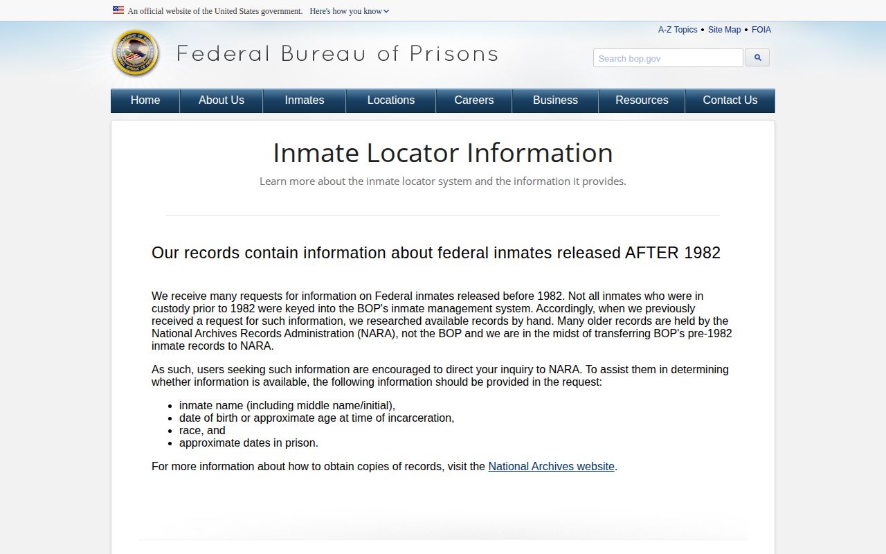 Federal Bureau of Prisons explanation of inmate release records