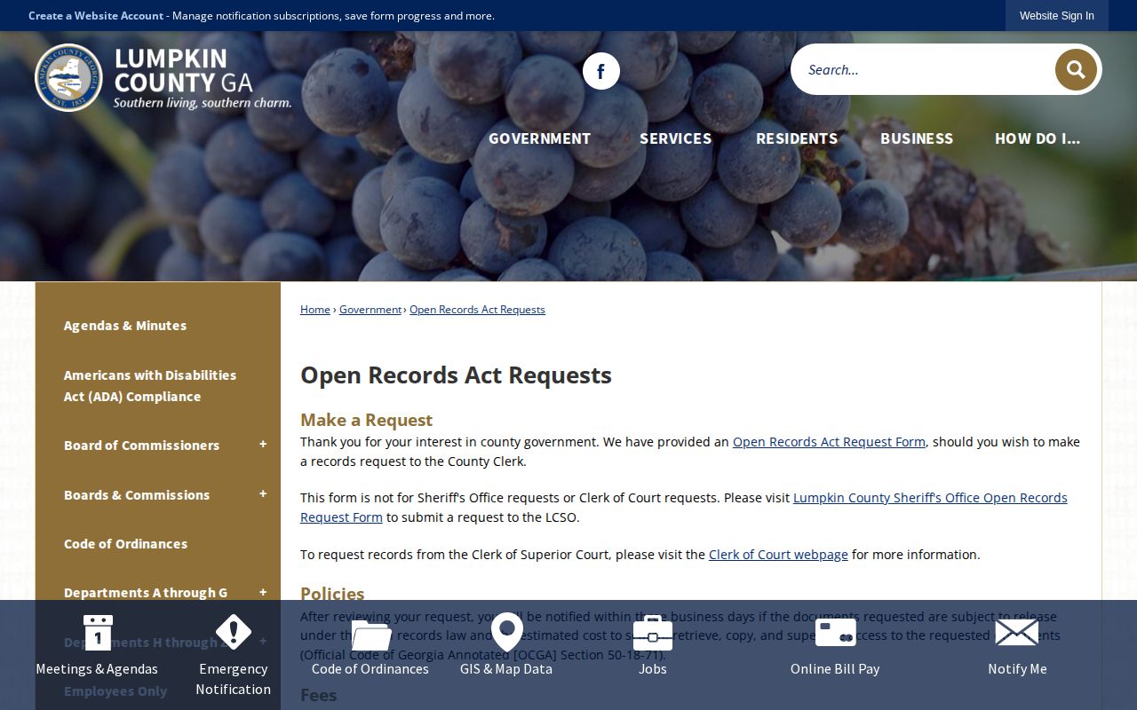 Lumpkin County open-records request page with Sheriff's Office routing and fee guidance